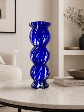 Mikasa Cobalt Blue Art Glass Vase Swirl Hand Blown 16” Sculptural Decor